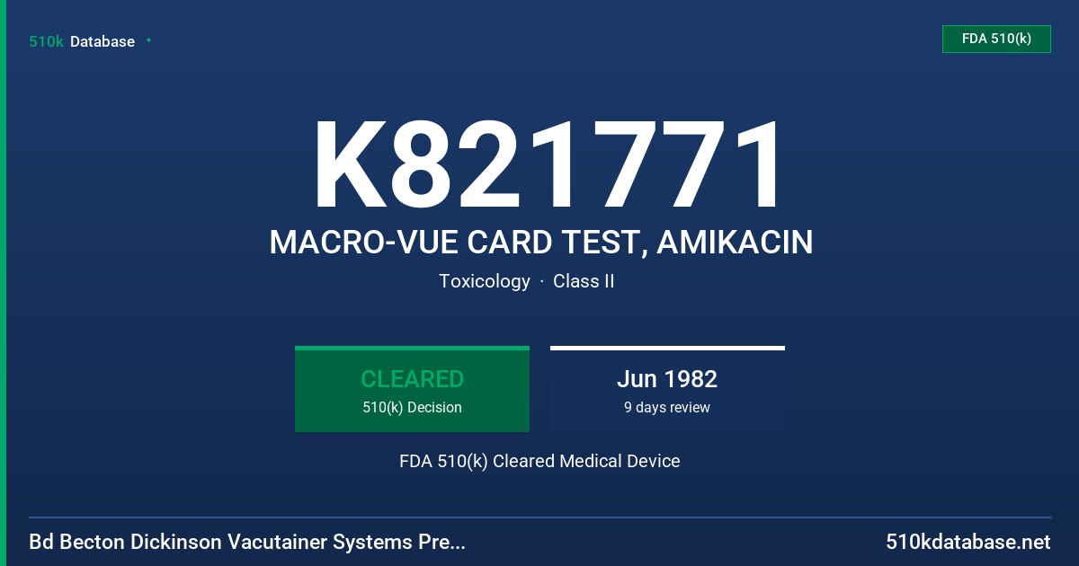 K821771 MACRO-VUE CARD TEST, AMIKACIN FDA 510(k) Cleared Medical Device