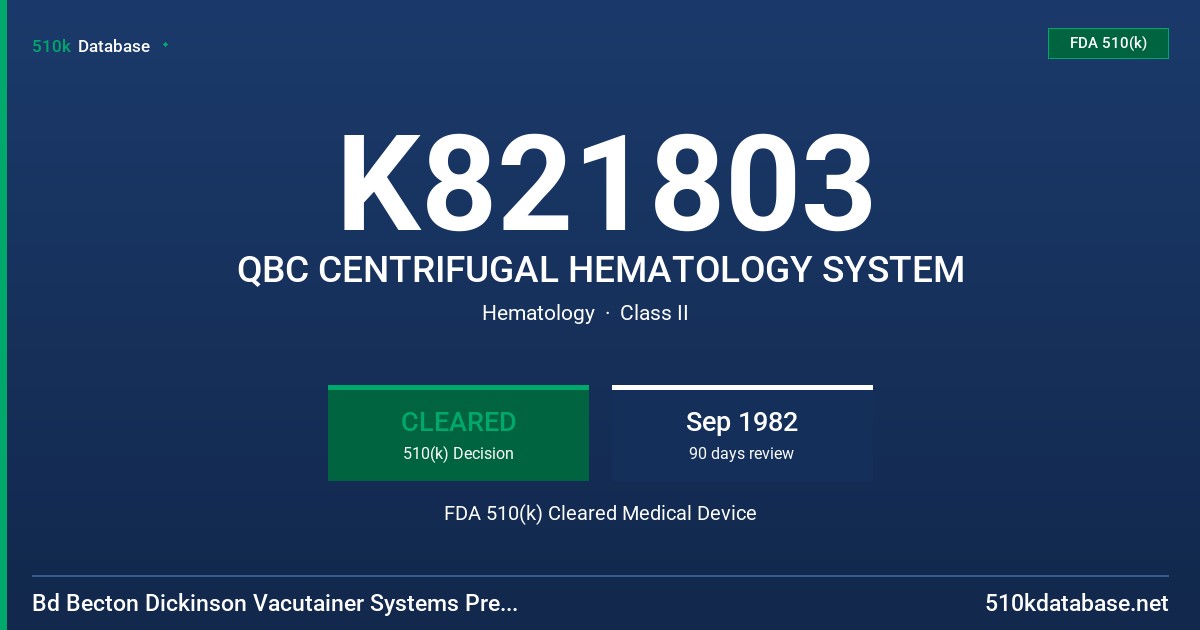 K821803 QBC CENTRIFUGAL HEMATOLOGY SYSTEM FDA 510(k) Cleared Medical Device