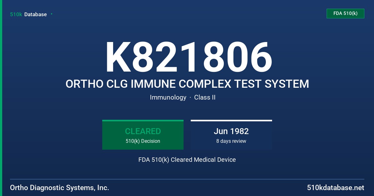 K821806 ORTHO CLG IMMUNE COMPLEX TEST SYSTEM FDA 510(k) Cleared Medical Device