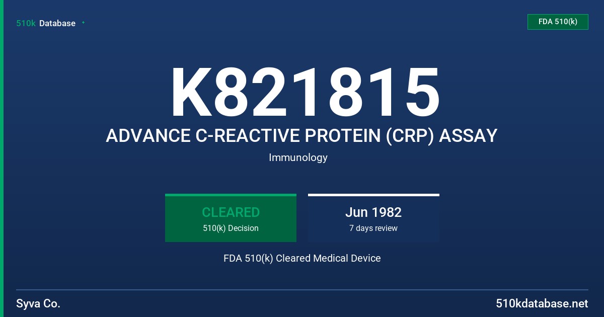 K821815 ADVANCE C-REACTIVE PROTEIN (CRP) ASSAY FDA 510(k) Cleared Medical Device