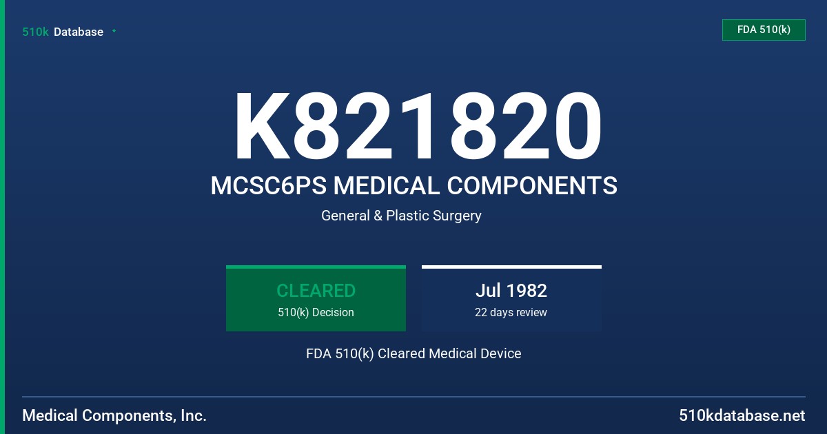 K821820 MCSC6PS MEDICAL COMPONENTS FDA 510(k) Cleared Medical Device