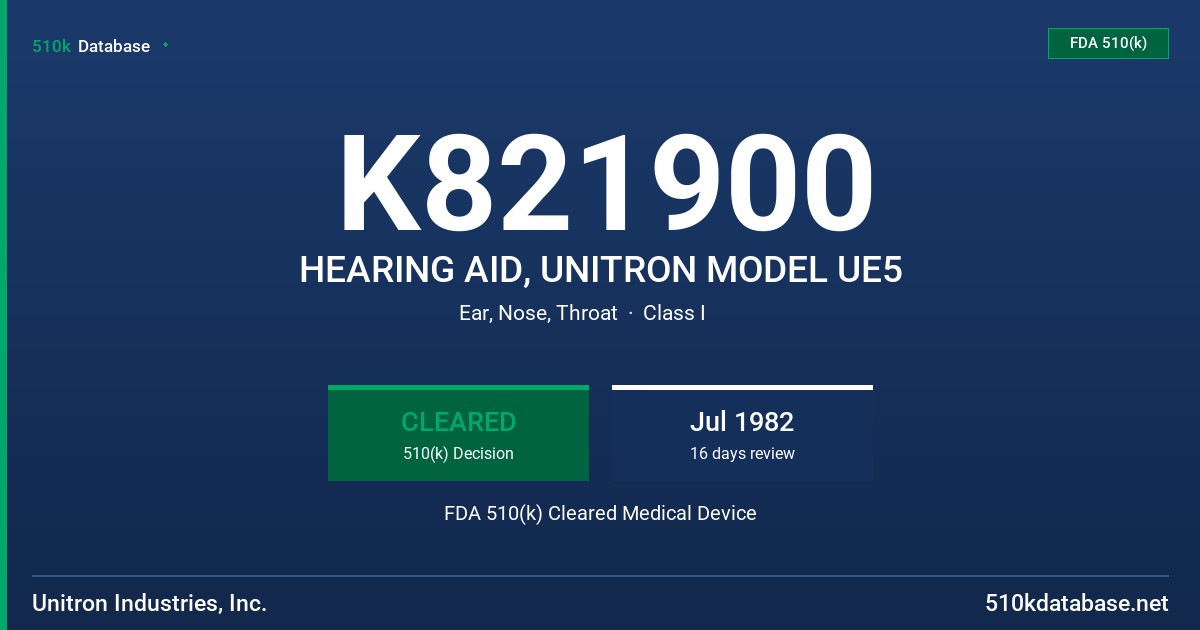 K821900 HEARING AID, UNITRON MODEL UE5 FDA 510(k) Cleared Medical Device