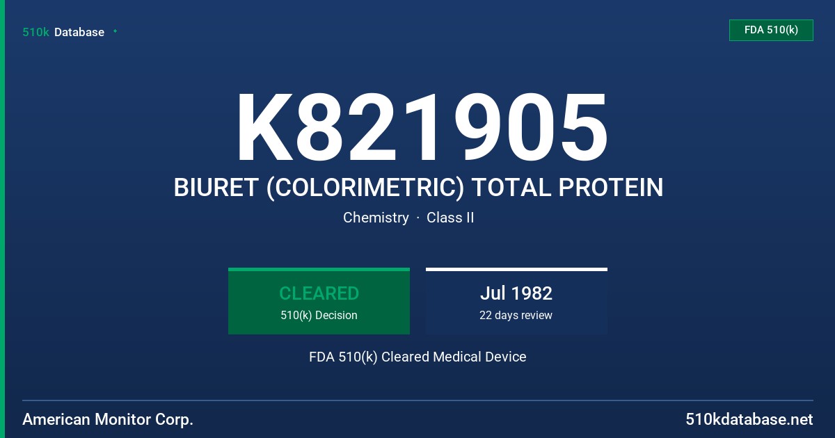 K821905 BIURET (COLORIMETRIC) TOTAL PROTEIN FDA 510(k) Cleared Medical Device