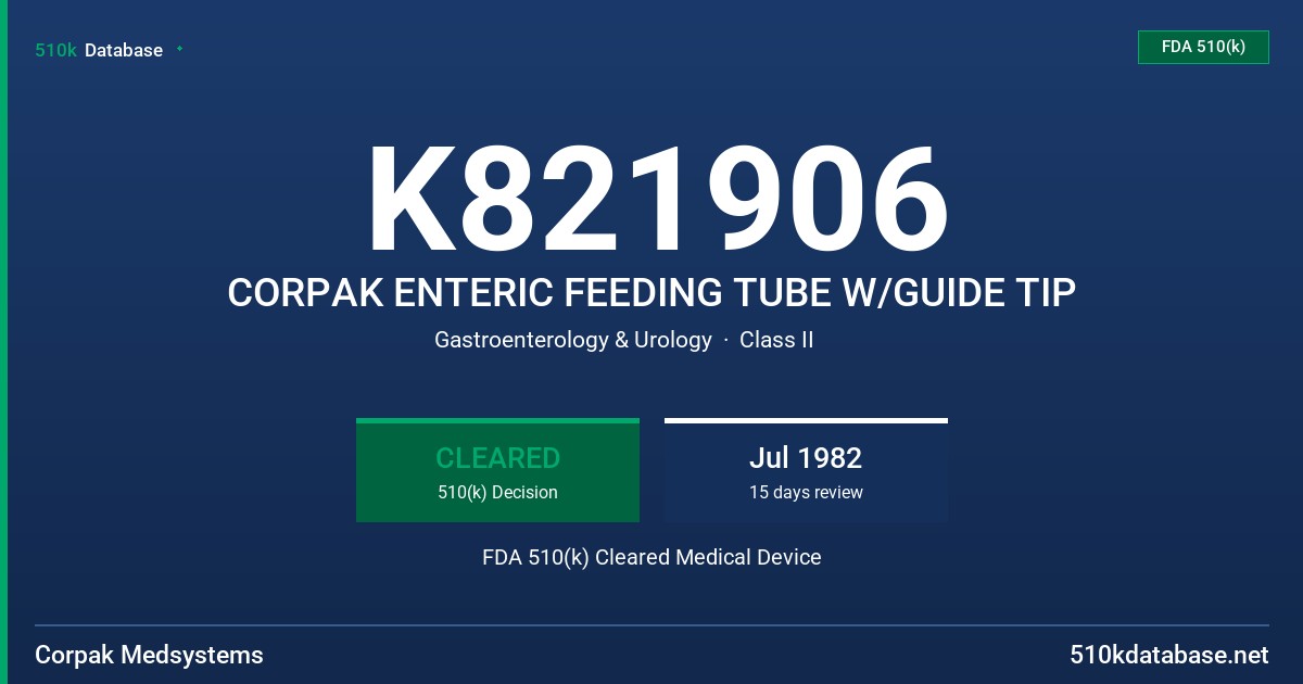 K821906 CORPAK ENTERIC FEEDING TUBE W/GUIDE TIP FDA 510(k) Cleared Medical Device
