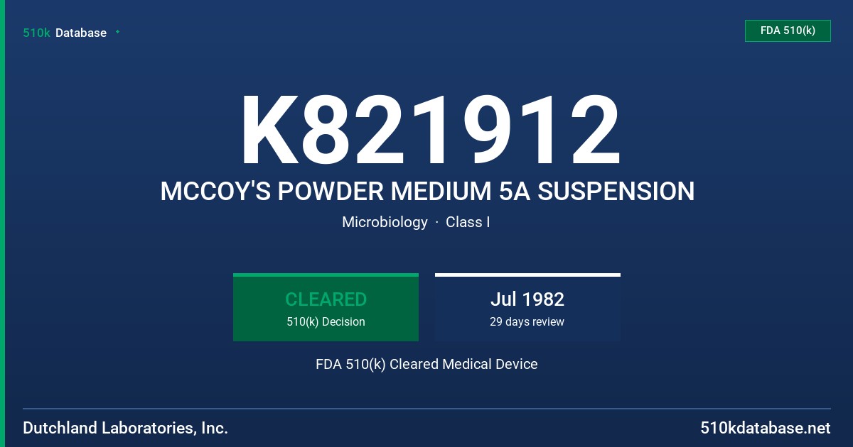 K821912 MCCOY'S POWDER MEDIUM 5A SUSPENSION FDA 510(k) Cleared Medical Device