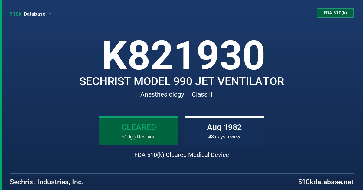 K821930 SECHRIST MODEL 990 JET VENTILATOR FDA 510(k) Cleared Medical Device
