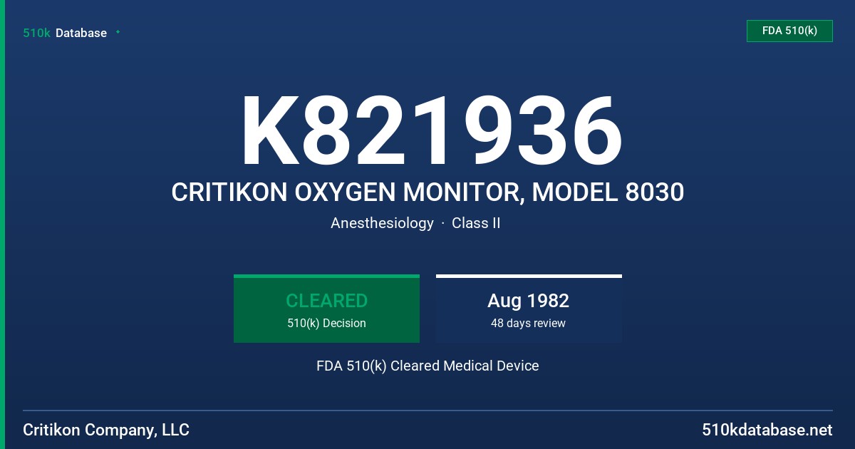 K821936 CRITIKON OXYGEN MONITOR, MODEL 8030 FDA 510(k) Cleared Medical Device