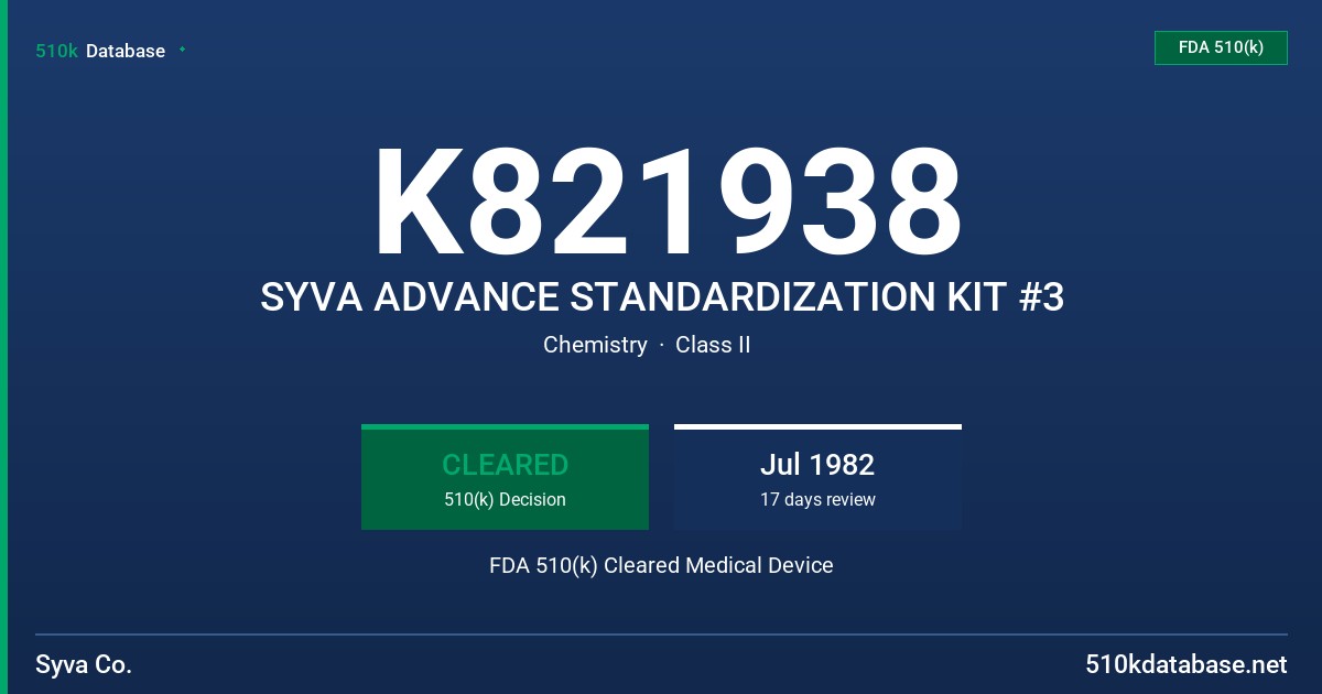 K821938 SYVA ADVANCE STANDARDIZATION KIT #3 FDA 510(k) Cleared Medical Device