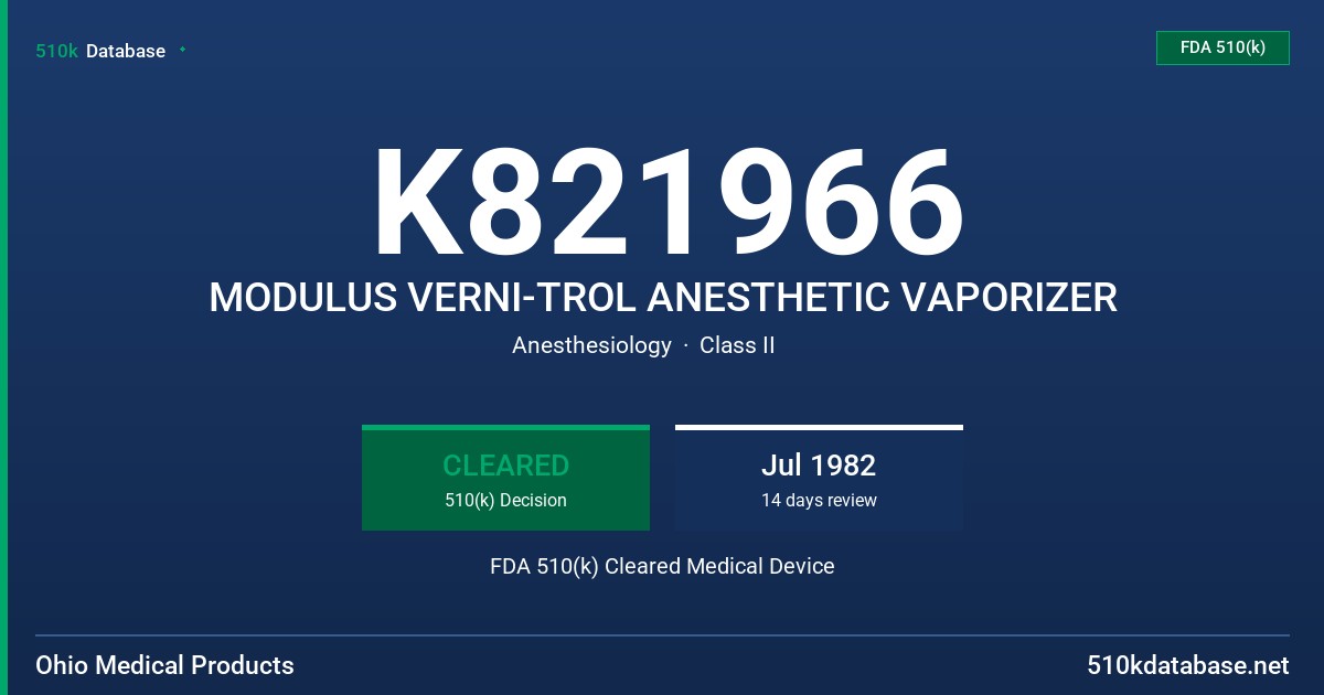 K821966 MODULUS VERNI-TROL ANESTHETIC VAPORIZER FDA 510(k) Cleared Medical Device