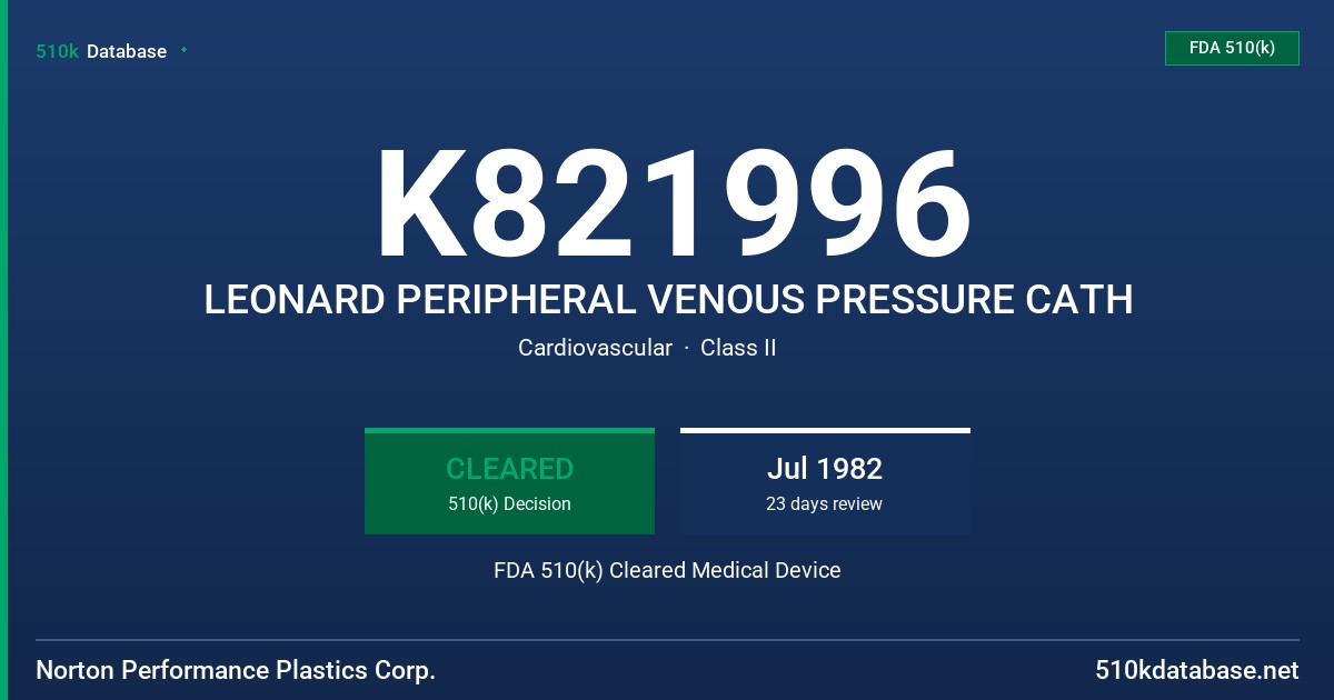 K821996 LEONARD PERIPHERAL VENOUS PRESSURE CATH FDA 510(k) Cleared Medical Device