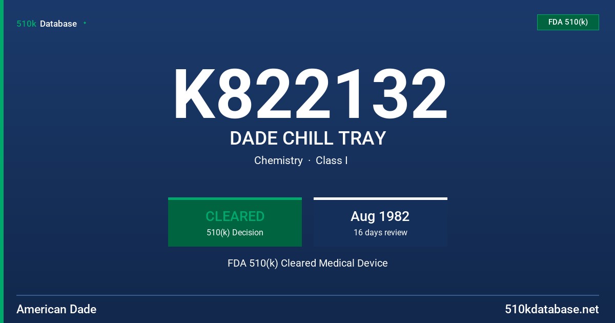 K822132 DADE CHILL TRAY FDA 510(k) Cleared Medical Device