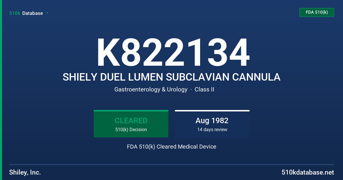 K822134 SHIELY DUEL LUMEN SUBCLAVIAN CANNULA FDA 510(k) Cleared Medical Device
