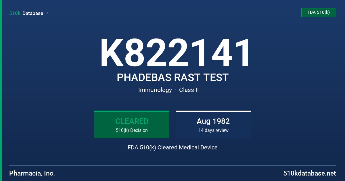 K822141 PHADEBAS RAST TEST FDA 510(k) Cleared Medical Device