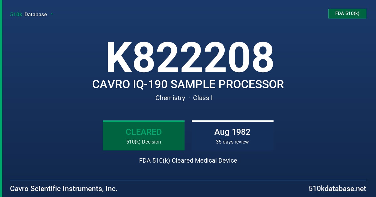 K822208 CAVRO IQ-190 SAMPLE PROCESSOR FDA 510(k) Cleared Medical Device