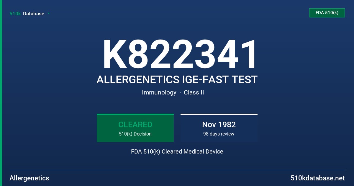 K822341 ALLERGENETICS IGE-FAST TEST FDA 510(k) Cleared Medical Device