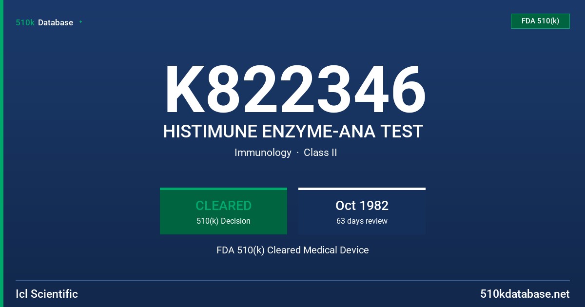 K822346 HISTIMUNE ENZYME-ANA TEST FDA 510(k) Cleared Medical Device