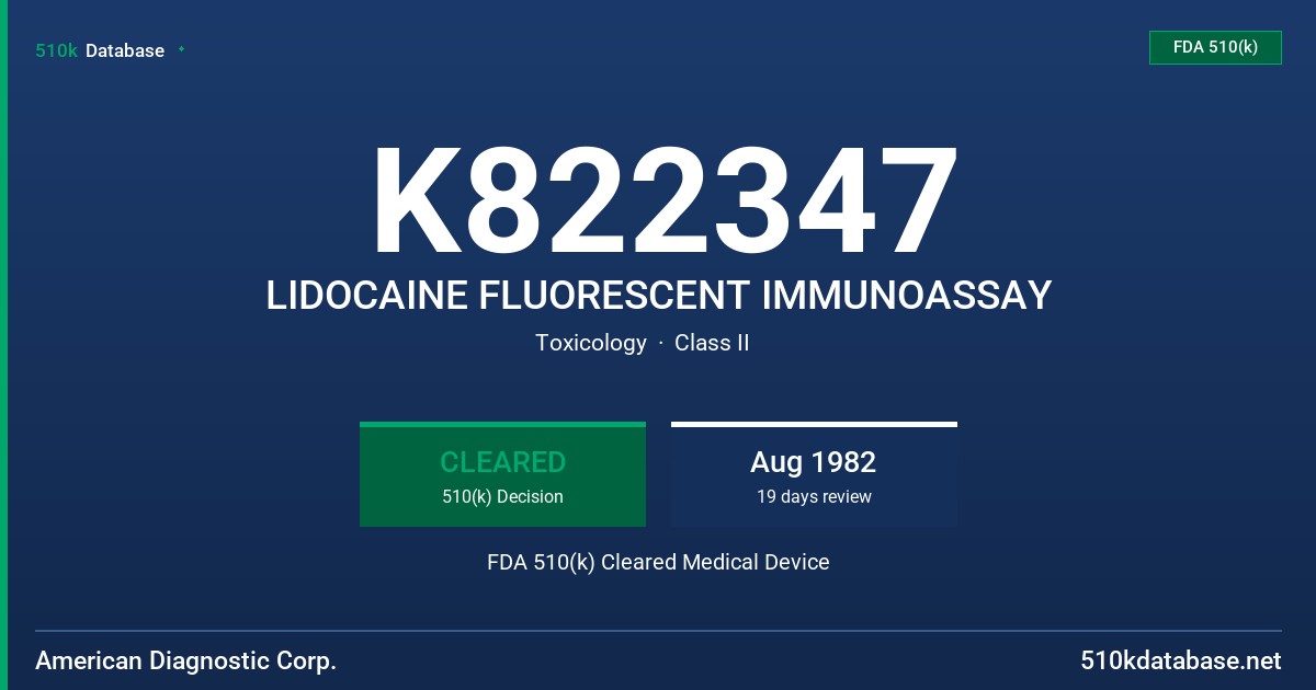 K822347 LIDOCAINE FLUORESCENT IMMUNOASSAY FDA 510(k) Cleared Medical Device