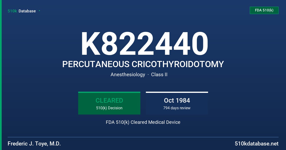 K822440 PERCUTANEOUS CRICOTHYROIDOTOMY FDA 510(k) Cleared Medical Device
