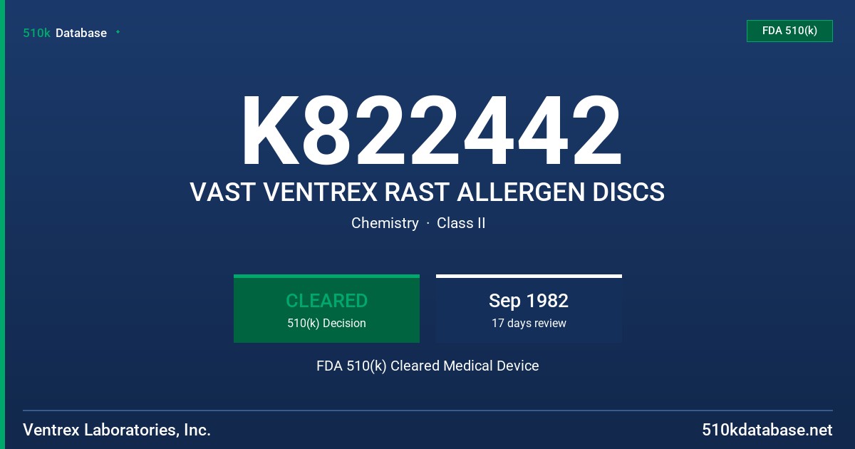 K822442 VAST VENTREX RAST ALLERGEN DISCS FDA 510(k) Cleared Medical Device