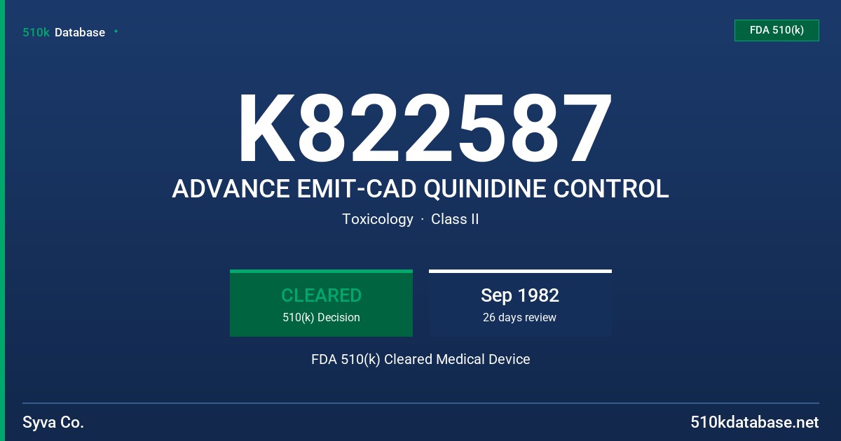 K822587 ADVANCE EMIT-CAD QUINIDINE CONTROL FDA 510(k) Cleared Medical Device