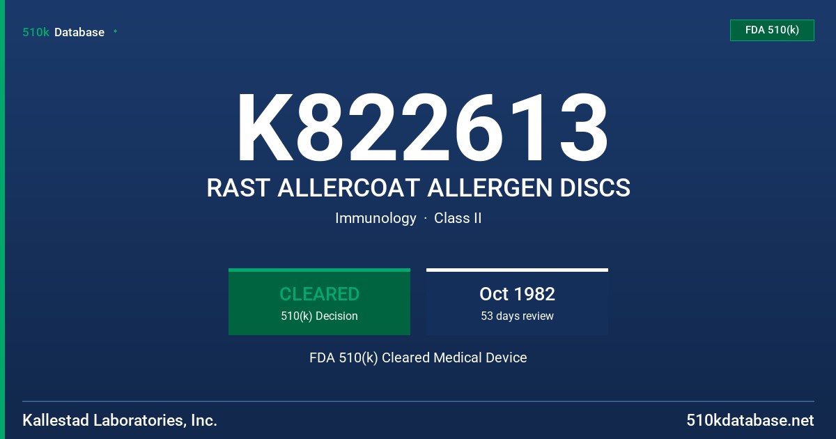 K822613 RAST ALLERCOAT ALLERGEN DISCS FDA 510(k) Cleared Medical Device