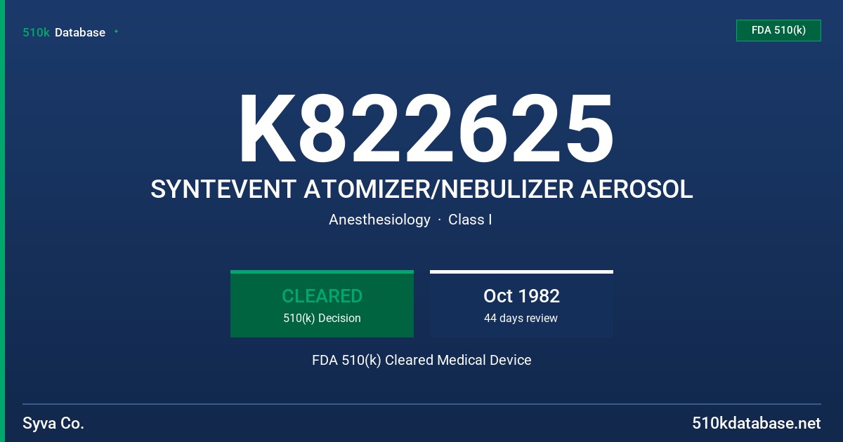 K822625 SYNTEVENT ATOMIZER/NEBULIZER AEROSOL FDA 510(k) Cleared Medical Device