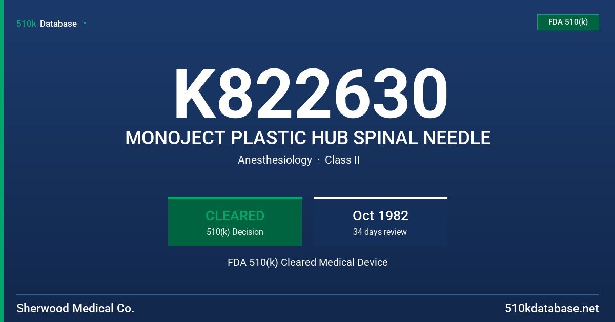K822630 MONOJECT PLASTIC HUB SPINAL NEEDLE FDA 510(k) Cleared Medical Device