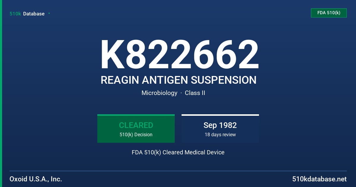 K822662 REAGIN ANTIGEN SUSPENSION FDA 510(k) Cleared Medical Device