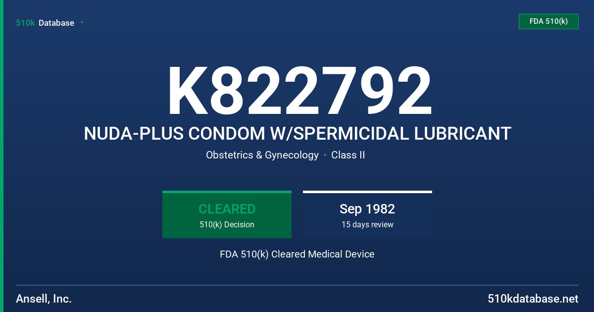 K822792 NUDA-PLUS CONDOM W/SPERMICIDAL LUBRICANT FDA 510(k) Cleared Medical Device