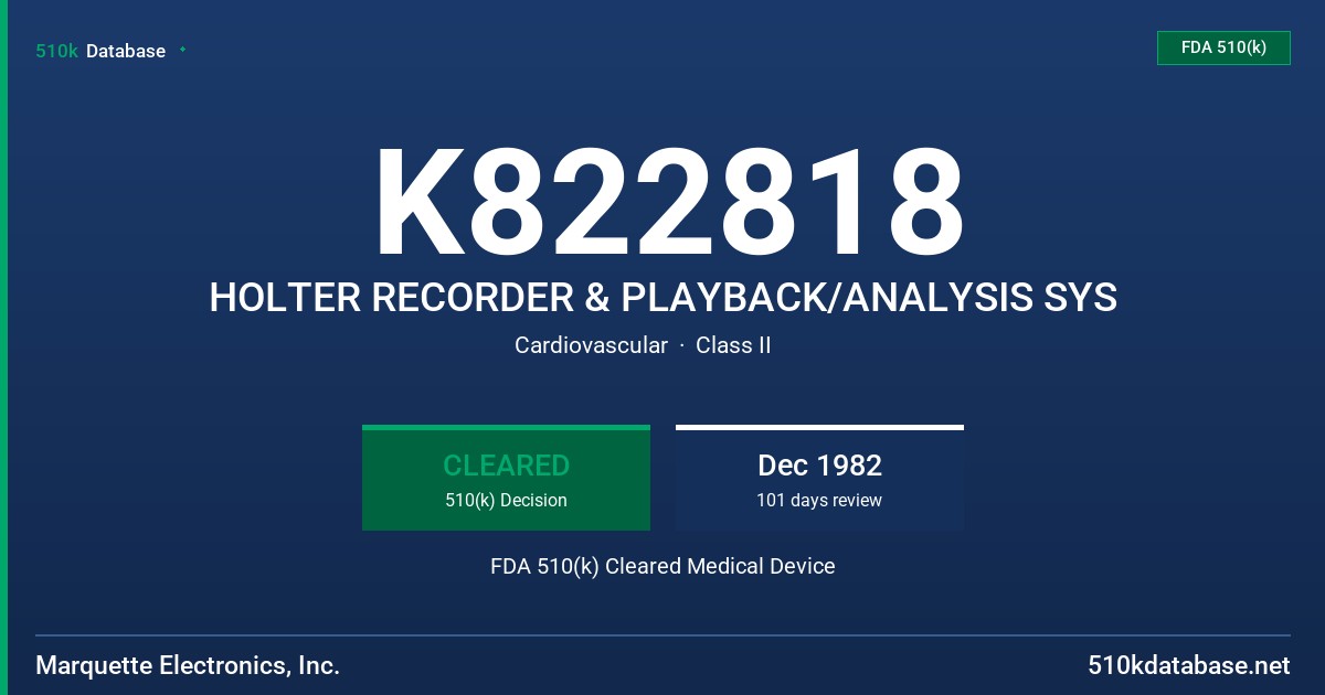 K822818 HOLTER RECORDER & PLAYBACK/ANALYSIS SYS FDA 510(k) Cleared Medical Device