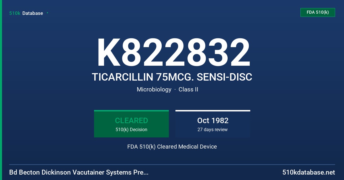 K822832 TICARCILLIN 75MCG. SENSI-DISC FDA 510(k) Cleared Medical Device