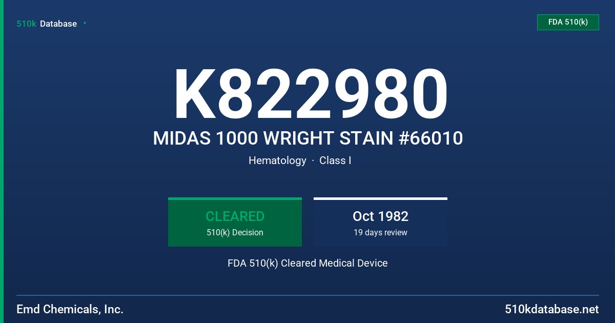 K822980 MIDAS 1000 WRIGHT STAIN #66010 FDA 510(k) Cleared Medical Device