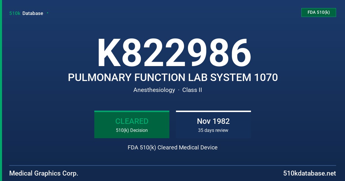 K822986 PULMONARY FUNCTION LAB SYSTEM 1070 FDA 510(k) Cleared Medical Device