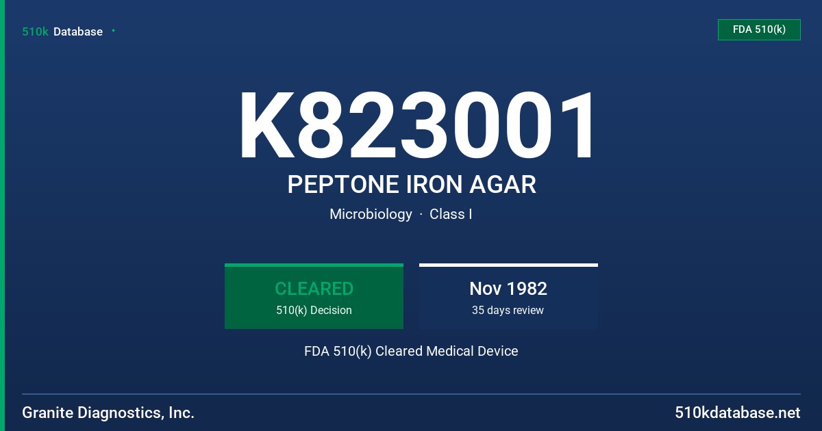 K823001 PEPTONE IRON AGAR FDA 510(k) Cleared Medical Device