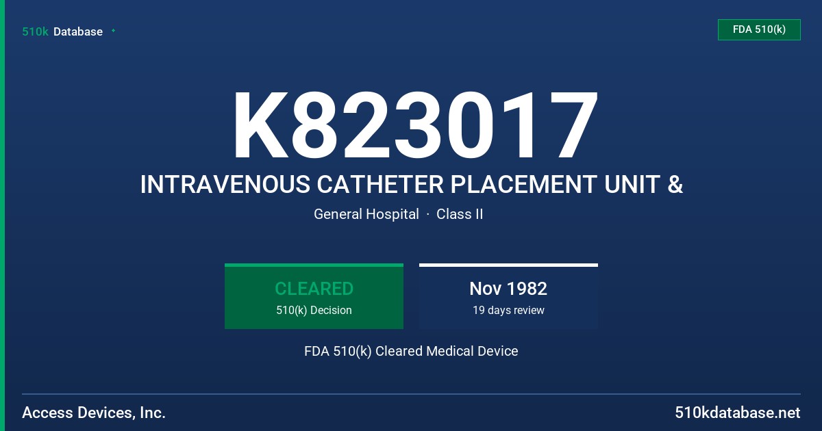 K823017 INTRAVENOUS CATHETER PLACEMENT UNIT & FDA 510(k) Cleared Medical Device