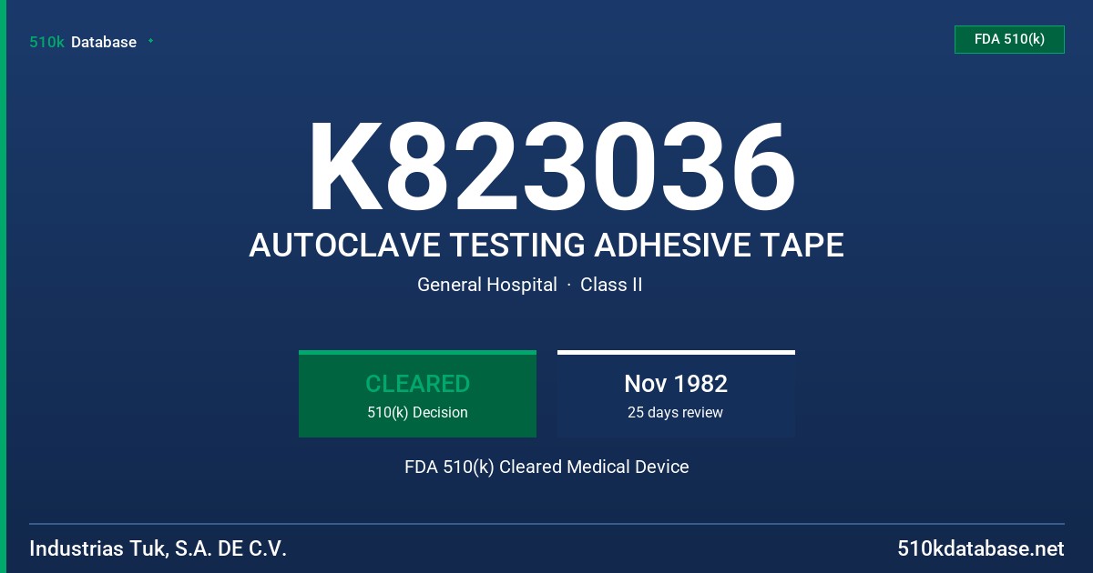 K823036 AUTOCLAVE TESTING ADHESIVE TAPE FDA 510(k) Cleared Medical Device