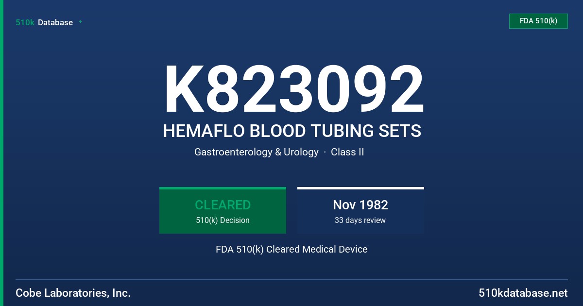 K823092 HEMAFLO BLOOD TUBING SETS FDA 510(k) Cleared Medical Device