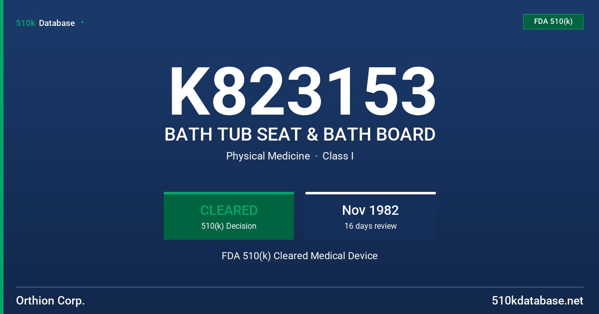K823153 BATH TUB SEAT & BATH BOARD FDA 510(k) Cleared Medical Device