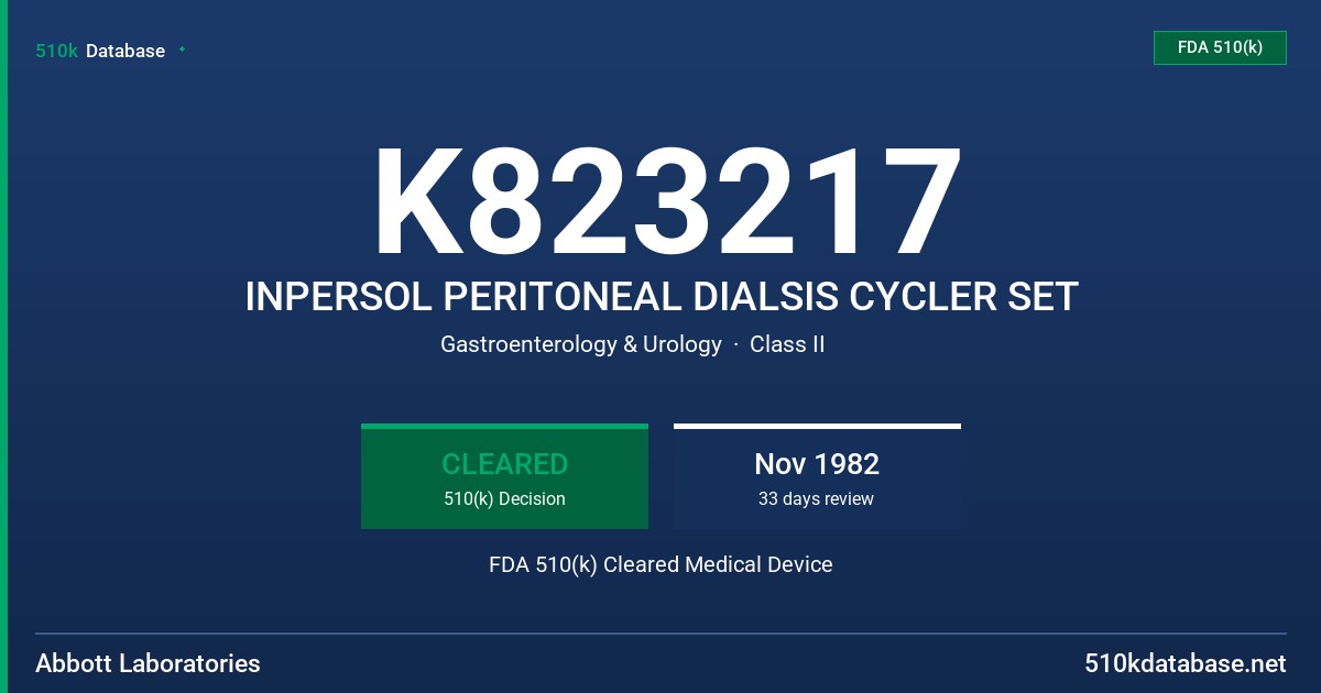 K823217 INPERSOL PERITONEAL DIALSIS CYCLER SET FDA 510(k) Cleared Medical Device