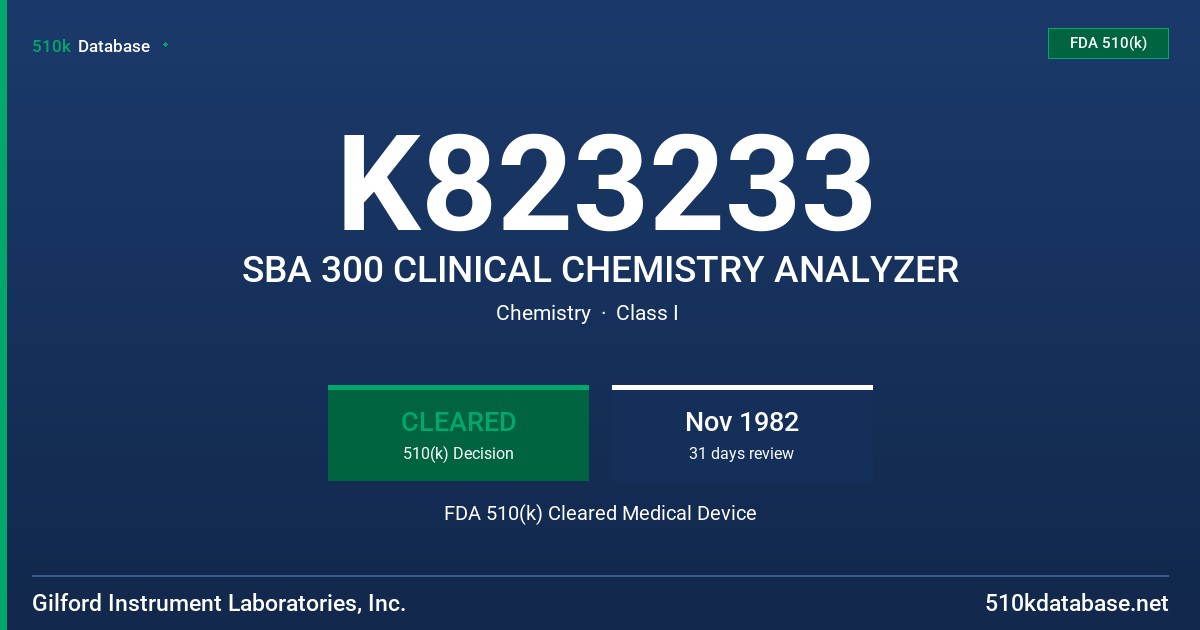K823233 SBA 300 CLINICAL CHEMISTRY ANALYZER FDA 510(k) Cleared Medical Device