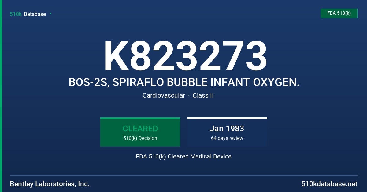 K823273 BOS-2S, SPIRAFLO BUBBLE INFANT OXYGEN. FDA 510(k) Cleared Medical Device