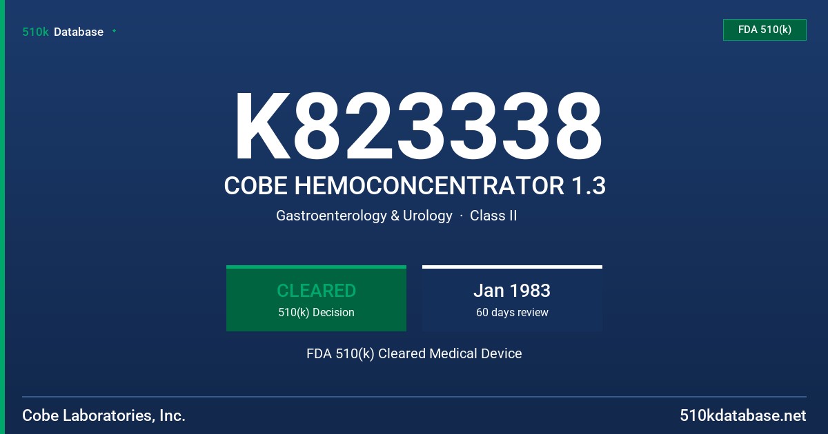 K823338 COBE HEMOCONCENTRATOR 1.3 FDA 510(k) Cleared Medical Device