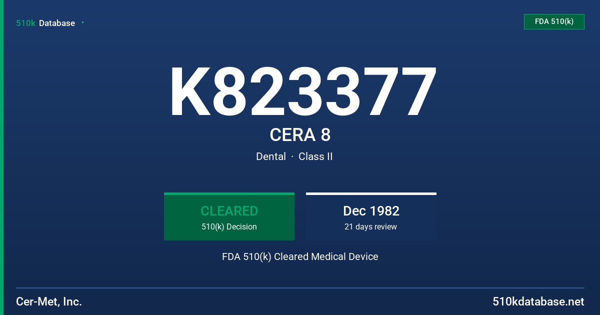 K823377 CERA 8 FDA 510(k) Cleared Medical Device