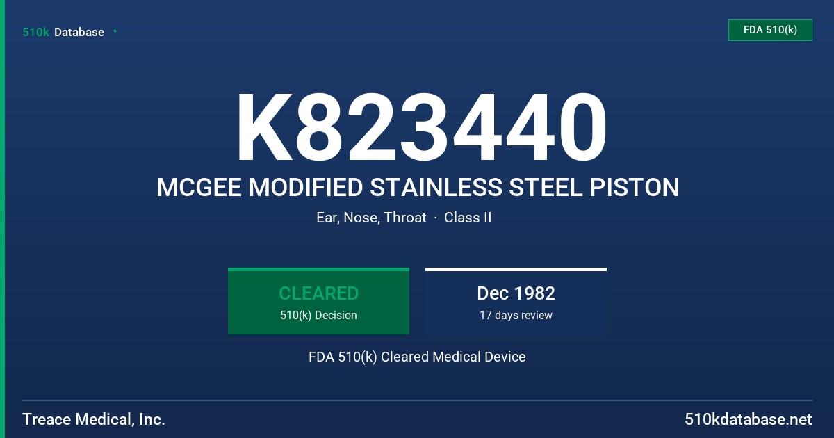 K823440 MCGEE MODIFIED STAINLESS STEEL PISTON FDA 510(k) Cleared Medical Device