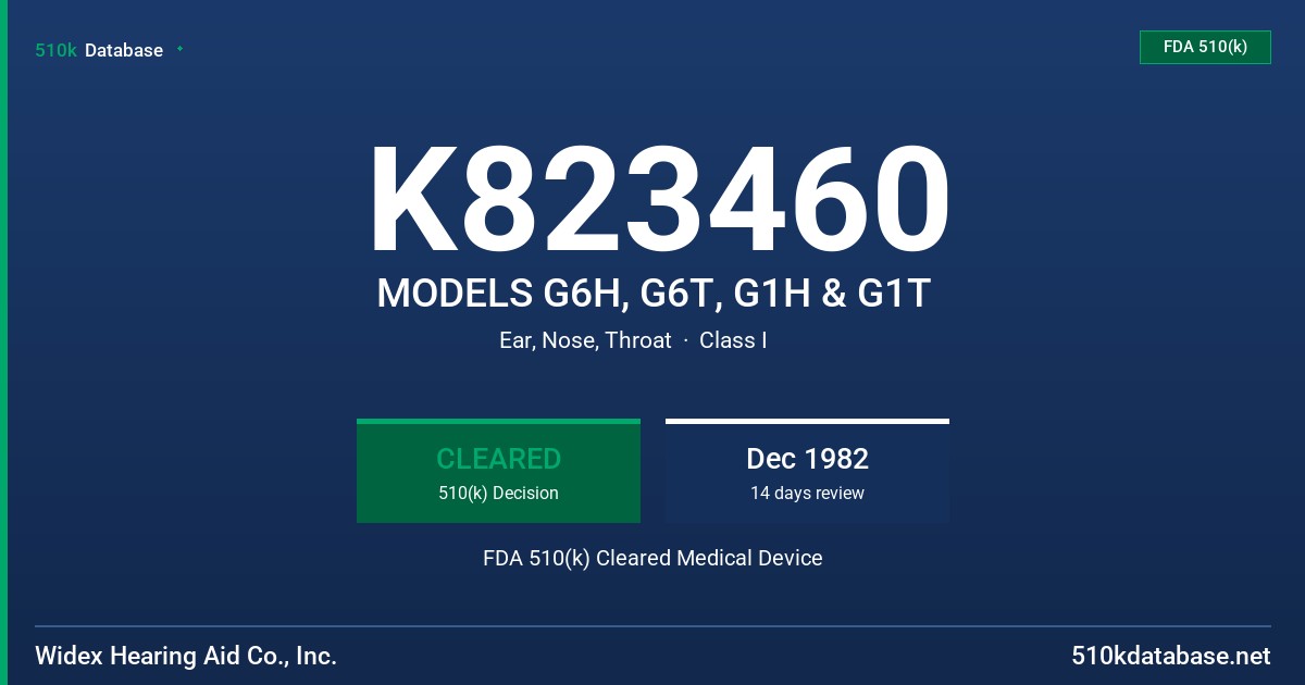 K823460 MODELS G6H, G6T, G1H & G1T FDA 510(k) Cleared Medical Device