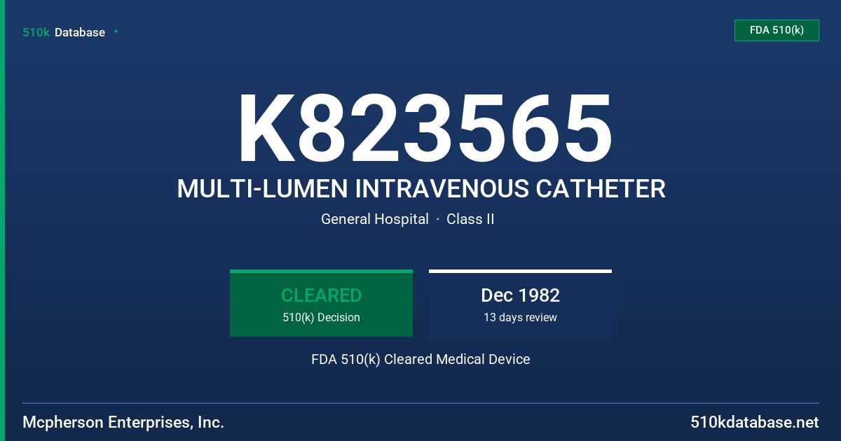 K823565 MULTI-LUMEN INTRAVENOUS CATHETER FDA 510(k) Cleared Medical Device
