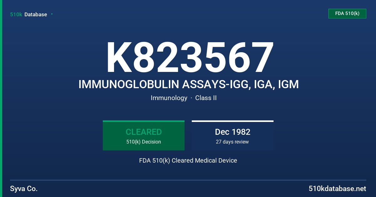 K823567 IMMUNOGLOBULIN ASSAYS-IGG, IGA, IGM FDA 510(k) Cleared Medical Device