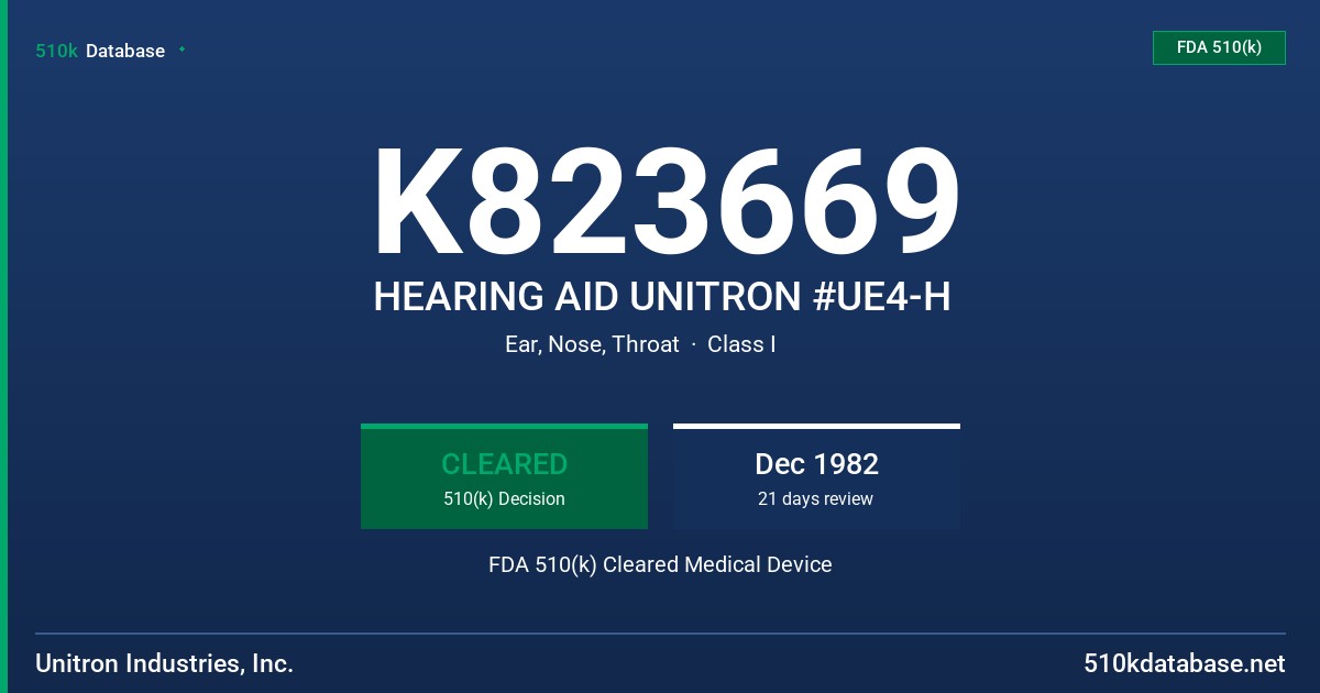 K823669 HEARING AID UNITRON #UE4-H FDA 510(k) Cleared Medical Device
