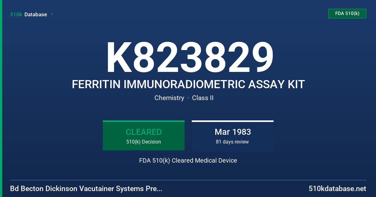 K823829 FERRITIN IMMUNORADIOMETRIC ASSAY KIT FDA 510(k) Cleared Medical Device