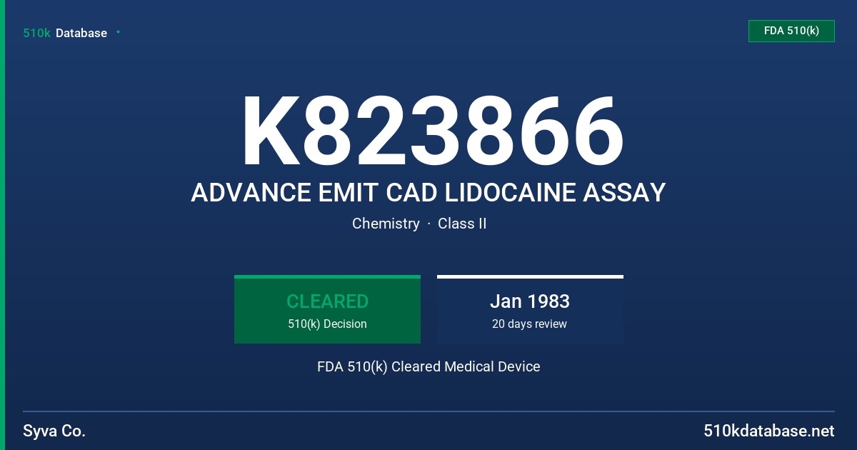 K823866 ADVANCE EMIT CAD LIDOCAINE ASSAY FDA 510(k) Cleared Medical Device